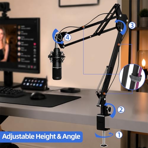 Mic Boom Arm, 1/4 3/8 5/8" Low Profile Microphone Stand, Cable Management | 360° Rotatable, Desk Mount Clamp, Heavy Duty Metal Black, Spring Damping, Streaming, Gaming, Recording, Podcasting, Studio