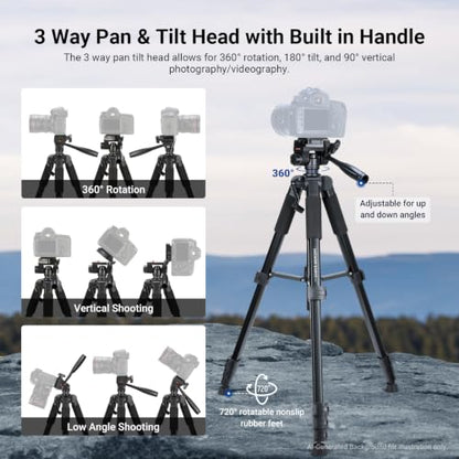 NEEWER Basics Camera Tripod, 74" Tripod with Cell Phone Holder Mount Compatible with iPhone for Video Recording, Professional Aluminum Lightweight Portable Travel Stand with 3 Way Pan Tilt Head, TP56 - style: TP56