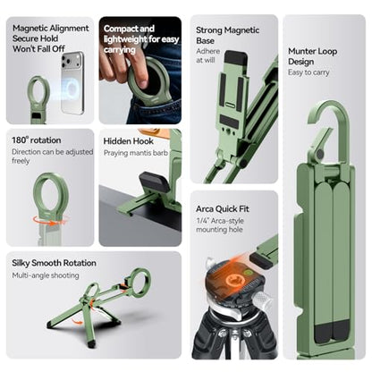 COMAN DP58 Magnetic Phone Tripod, Aluminum MagSafe Tripod Stand with Carabiner, Mini Portable Travel Pocket Stand for iPhone & Non-Magnetic Phones with Included Ring - color: Green
