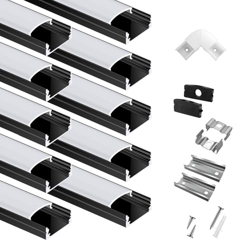 hunhun 10-Pack 6.6ft/2Meter U Shape Black LED Aluminum Channel System with Milky Cover, End Caps and Mounting Clips, Aluminum Channel Profile for LED Strip Light Diffuser Installations (10pack*6.6ft) - size: 10pack*6.6ft(Black)