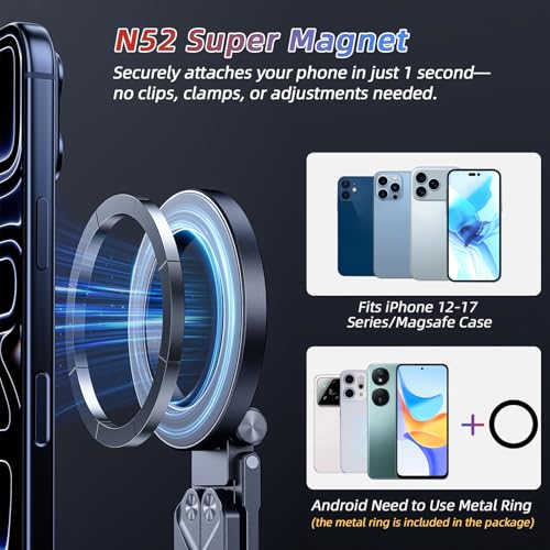 Magnetic Tripod for iPhone iPad, 2-in-1 Portable Phone Stand with Carabiner for Travel Gym, Selfie Stick Tablet Holder Strong Magnet Quick Mount Compatible with iPhone 17 16 15 14 13 12 iPad Series