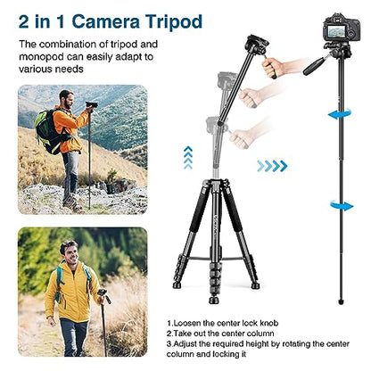 Tripod for Camera and Phone, 72" Tall Camera Tripod Monopod with Remote, Professional Heavy Duty Compact Camera Stand for iPhone, DSLR, Spotting Scope, Telescope, Binocular - color: Black