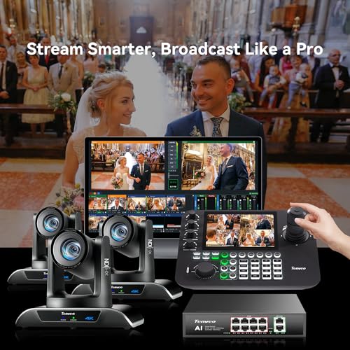 Tenveo 4K 20X NDI PTZ Camera with AI Humanoid & Face Auto-Tracking HDMI/USB3.0/LAN(PoE) (3pcs) and 7’’ LCD Quad-Screen NDI PTZ Joystick Controller and 8 Port PoE Switch Bundle/Kit for Live Production - color: Flat Black
