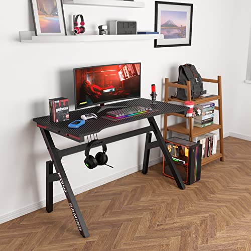 BestOffice | 47" Gaming Desk | Red | Carbon Fiber Textured Computer Desk | Sturdy Steel Frame, Cup Holder, Headphone Hook, Cable Management Holes, Adjustable Leg Pads | for Gamers, Home, Office - color: Red, size: 47 Inch R Shaped