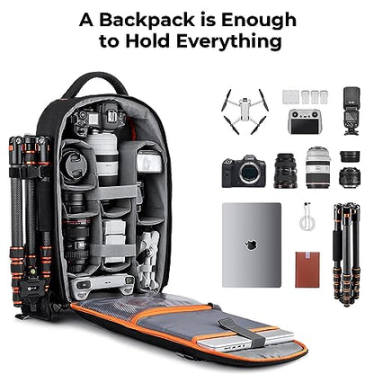 K&F CONCEPT Camera Backpack for Photographers Large Waterproof Photography Camera Bag with Laptop/Tripod Compartment for Men Women Black Orange - style: Designer
