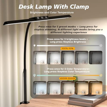 LED Desk Lamp for Office Home, Stepless Dimming Architect Desk Light with DC Adapter, Eye-Caring Desk Lamp with Clamp, 25 Lighting Modes Adjustable 12.8in Flexible Gooseneck for Workbench(Black) - color: Black