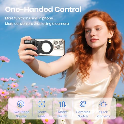 Magnetic Phone Camera Grip, Smartphone Shooting Holder Selfie Handle Snap with Wireless Shutter Button Remote for iPhone 16 15 14 13 12 Pro Max Android Cellphone Vlog Video Photography (Black) - color: Black