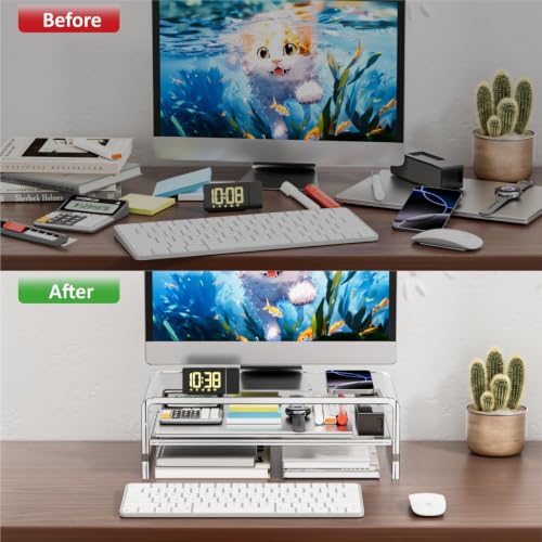 Egchi Acrylic Monitor Stand Riser, 2 Tier Clear Computer Monitor Stand for Home Office Business, PC Desk Stand Monitor Riser for Keyboard Storage, Laptop, Printer and TV Screen -12x7.2x5.12 inches - size: 12''x7.3''x5.12''-2 Tiers