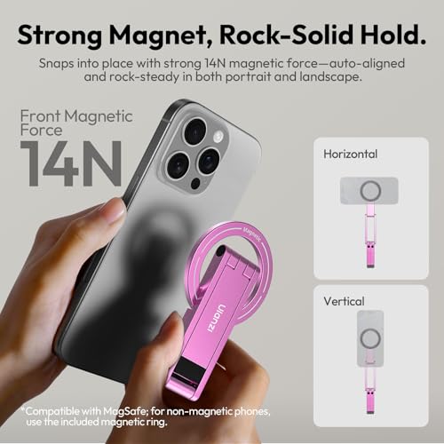 ULANZI MA60 Magnetic Phone Tripod Stand for iPhone 17 16 15 14 13 12 - Ultra Thin 0.8cm Foldable Aluminum Mini Tripod, Strong N52 Magnet Quick Mount, Pocket Cell Phone Stand, Pink - color: Pink