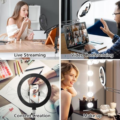 Webcam Selfie Light with Clamp Mount Stand,10 Inch Ring Light with Boom Arm Holder Compatible with Logitech C920 StreamCam C922 C930e C925e C615 Brio 500 4K webcams