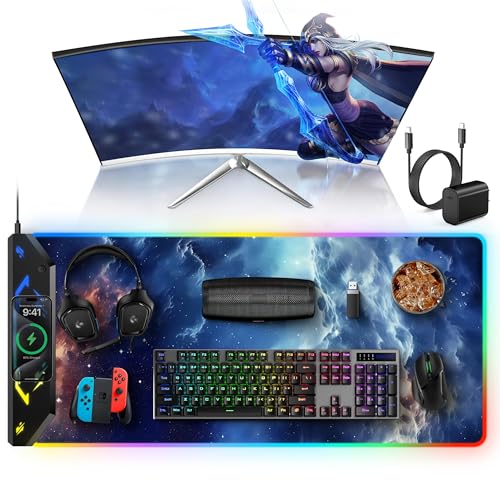 TopMade Wireless Charging Mouse Pad, RGB Gaming Mousepad, 35.4" x 15.8" Extra Large Waterproof Keyboard Desk Pad, Computer Desk Mat, Blue Nebula (Includes 20W PD Power Adapter & 6.56ft Woven Cable) - color: RGB-Blue Nebula-35.4"x15.8"-with Adapter