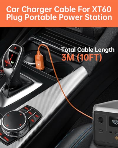 3M(10FT) 12V/24V Car Charging Cable to XT60 Connector, 14 AWG Cigarette Lighter Charger, Compatible with Anker SOLIX C300/C1000/F2000, EcoFlow Delta 2, BLUETTI AC2A Portable Power Station - color: Orange