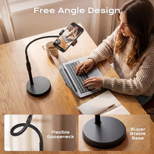 Overhead Phone Mount, Overhead Desktop Phone Holder with Rotating Arm Holder and Base, Adjustable Angles for Photo Video Capture, Online Meeting