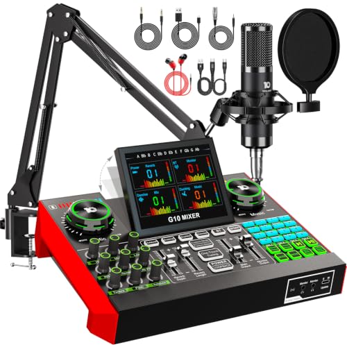 G10 Podcast Equipment Bundle with 3.5mm Condenser Microphone for Pc/Phone Live Streaming Singing Gaming, Podcast Microphone Bundle with Live Sound Board Audio Mixer,Noise Reduction,DJ Sets
