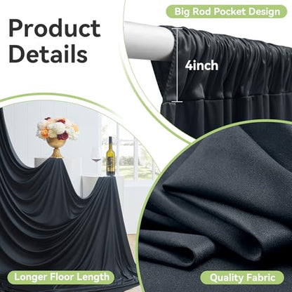 50ftx14FT Wrinkle Free Black Backdrop Curtain, 10 Panels 14FT Height Black Wedding Backdrop Drapes, Silky Polyester Back Drop Cloth for Birthday Photography Background Party Backdrop Draping - color: Black, size: (W)5ft x (H)14ft (10 Panel)