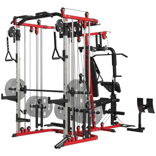 All in One Home Gym System Workout Station, Multi-Function Smithe Machine Power Cage with Cable Crossover System, Tripe-Sided Independent Load Posts, Functional Trainer for Full Body Training - color: Red, style: Home Gym Station
