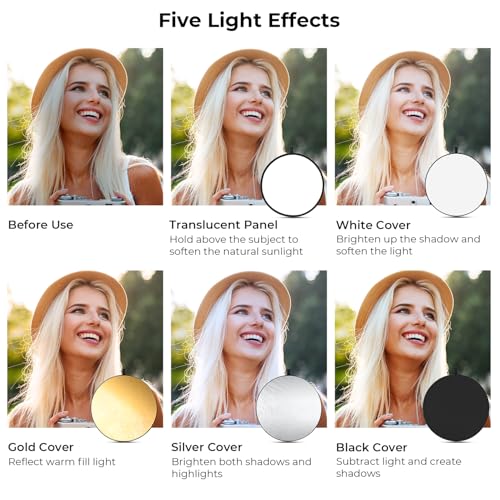 K&F CONCEPT 5-in-1 Light Reflector 22" (56cm) Photography Diffuser Collapsible Portable for Studio and Outdoor Lighting Gold Silver White Black Translucent - size: 22'' (56cm)