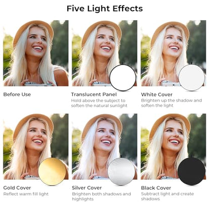 K&F CONCEPT 5-in-1 Light Reflector 22" (56cm) Photography Diffuser Collapsible Portable for Studio and Outdoor Lighting Gold Silver White Black Translucent - size: 22'' (56cm)