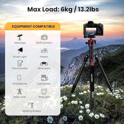 MACTREM 67" Travel Tripod - 360° Ball Head for Cameras | Aluminum alloy, 67" height, 360° ball head, lightweight, for DSLR/mirrorless, smartphone, iPad, binoculars - size: 68 inch