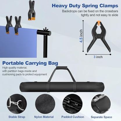 Photo Video Studio 10 x 10ft Heavy Duty Backdrop Stand, Adjustable Photography Background Support System Kit with Shock-Proof Spring, Carrying Bag, 6 Clamps - size: 10×10ft