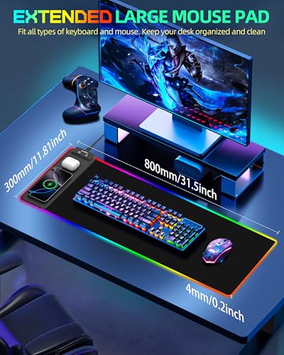 ExtreLife Wireless Charging Mouse Pad, RGB Gaming Mousepad, 31.5"x11.8" Extra Large Desk Mat, 13 Light Modes, Ultra-Smooth Surface, Non-Slip Base, Waterproof Computer Keyboard Pad for Laptop, Black - color: Black-31.5"x11.8"
