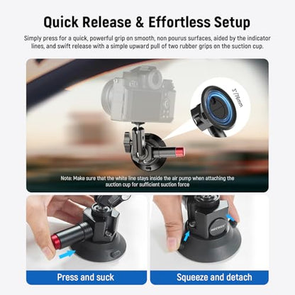 Neewer 3" Suction Cup Camera Mount Bracket with Ball Head Magic Arm, 1/4" ARRI Holes, Quick Release Car Mount with Phone Holder & Action Cam Adapter Compatible with iPhone DJI Insta360, CA104 - style: CA104