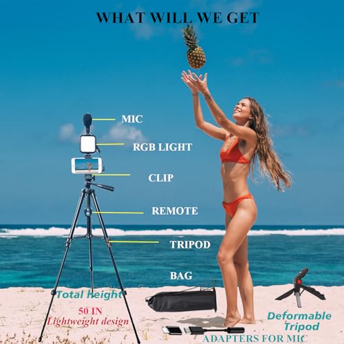 Vlogging Kit for iPhone, Vlogging kit for Android Phone,YouTube Starter Kit with Two Tripods Light Microphone Remote and Jack Adapter - size: With Shotgun Mic