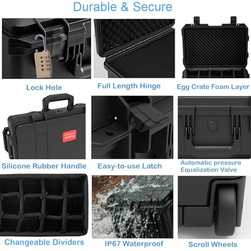 Regetek Waterproof Travel Camera Hard Case with Padded Divider, 22 x 14 x 10 Inch, Rolling Case for Camera, Gear, Equipment, Dustproof, Shockproof,Airline Carry-On Approved, Inner 19.8"x 10.9" x 6.8"
