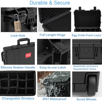 Regetek Waterproof Travel Camera Hard Case with Padded Divider, 22 x 14 x 10 Inch, Rolling Case for Camera, Gear, Equipment, Dustproof, Shockproof,Airline Carry-On Approved, Inner 19.8"x 10.9" x 6.8"