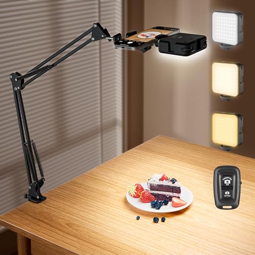 Overhead Phone Mount with LED Selfie Light and Bluetooth Remote, Rechargeable Ring Light Tripod Stand with Flexible Boom Arm, Desk Phone Holder for Video Recording, Live Streaming, TikTok, Vlogging