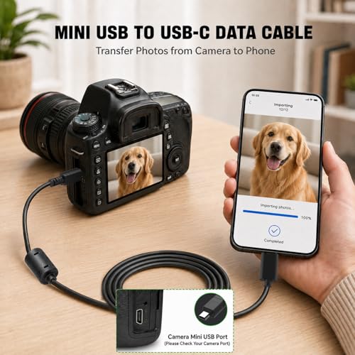 BERLAT 2-Pack USB C to 8-Pin Mini USB Cable 5ft, USB-C to Mini-B Durable Cord with Ferrite Core Anti-Interference – Compatible with Nikon/Sanyo/Sony/Fuji/Olympus/Panasonic Cameras, Phones, MP3
