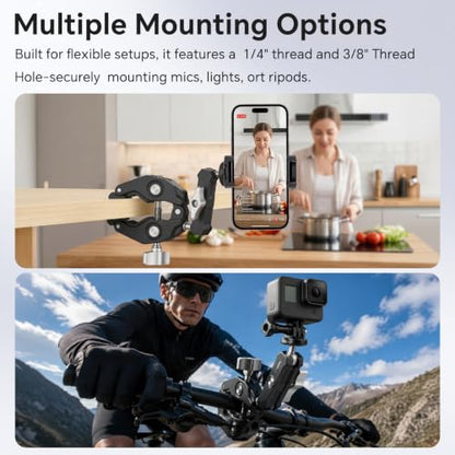 Super Clamp Camera Clamp Mount Monitor 360°Ballhead Magic Arm Double Ball Head Adapter with 1/4"-20 & 3/8"-16 Thread for Canon Nikon DSLR Camera/Gopro/LED Light Ronin-M/Ronin MX/FreeflyMOVI