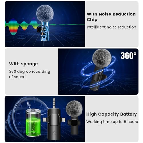 4 in 1 Wireless Lavalier Microphone for iPhone/USB C Android/Camera/Laptop PC,Mini Microphone 2.4G Ultra-Low Delay with Noise Reduction Cordless Lapel Mics for Video Recording, Vlog, YouTube, TikTok