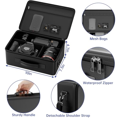 Tamfile Camera Bag for Canon/Sony/Nikon/Mirrorless/DSLR, Black | Compatible with Lens and Tripod, 4 Dividers, Water-Resistant Zipper, Fireproof Portable Travel Hard Case, Shoulder Strap
