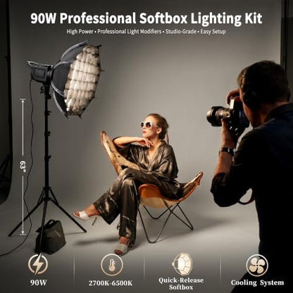 Niceveedi Softbox Lighting Kit, 2700-6500K LED Photography Lighting with 16.5” Quick-Release Softbox/Bowens Mount/Cooling System/Remote/Tripod, 90W Video Light for Video Recording/Streaming/Portraits