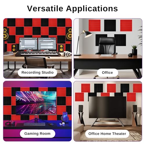 52 Pack Acoustic Foam Panels,1" x 12" x 12" Acoustic Wedge Studio Foam Sound Absorption Wall Panels (BLACK/RED) - color: 52 Pack 26 Black+26 Red, size: 12” x 12" x 1"