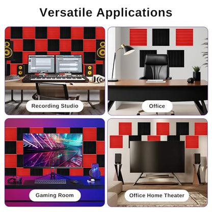 52 Pack Acoustic Foam Panels,1" x 12" x 12" Acoustic Wedge Studio Foam Sound Absorption Wall Panels (BLACK/RED) - color: 52 Pack 26 Black+26 Red, size: 12” x 12" x 1"