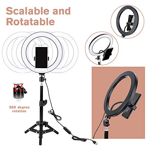 10" LED Selfie Ring Light with Tripod Stand & Cell Phone Holder for Tiktok/Live Stream/Makeup, BONFOTO Dimmable Desktop Camera Ringlight for YouTube Video/Photography Compatible with iPhone/Android
