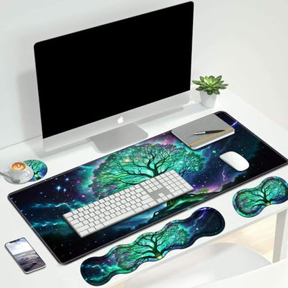 4 in 1 Ergonomic Keyboard Wrist Rest & Mouse Pad Wrist Rest Set, Large XXL Gaming Desk Mat 31.5"x 11.8" with Non-Slip Base, Memory Foam for Home Office Study Gaming, Tree of Life - color: Tree of Life