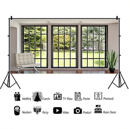 AOFOTO 15x8ft Business Office French Sash Window Backdrop Living Room Sofa Plant Photography Background Interior Casement Work at Home Modern Flat Furniture Apartment Decoration Residence Villa Props - size: 15x8ft