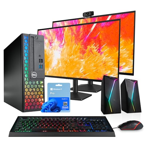 Dell Optiplex Computer PC w/RGB Lighting | Windows 11 Pro | Ultra Fast Intel i5-8500 | 16GB RAM 1TB SSD | New Dual 24" LCDs | RGB Speakers + Webcam | 5G WiFi + BT (Renewed) - style: Office Dual LCD Bundle