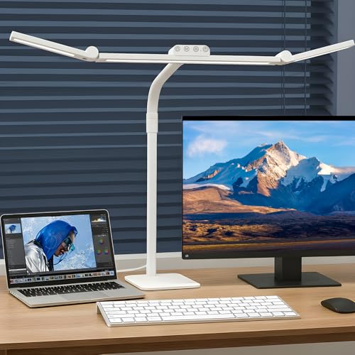 LED Desk Lamp for Home Office with Base, 28.2" Adjustable Gooseneck Swing Arm Bright Desk Light, Dimmable Architect Table Lamp for Desktop Computer Light, Reading, Study, Workbench（White） - color: White