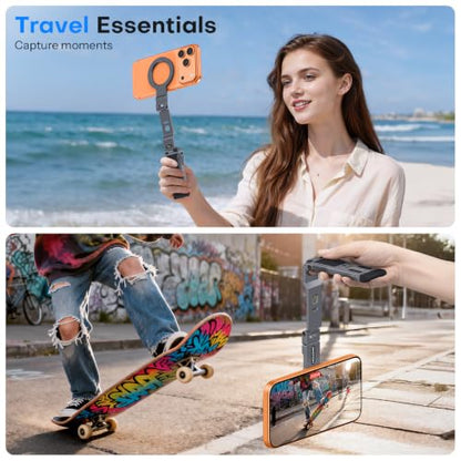 OMOTON TP03 [Ultra-Slim] for MagSafe Tripod, 360° Rotating Magnetic Phone Tripod for iPhone 17/16 Pro Max Air Women Men, Fold Cell Phone Stand with 1/4" Screw & Hook Fits Vlog, Travel Essentials, Gray - color: Gray
