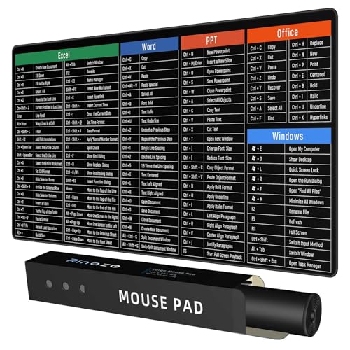 Rinaze Large Mouse Pad Desk Mat with Excel Shortcuts Cheat Sheet, Anti-Slip Keyboard Pad with Multifunctional, Gaming Mousepad, Office Desk Accessories for Computer, MacBook, PC and Laptop - color: Multi-black