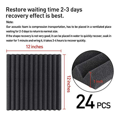 Focusound 24 Pack Acoustic Foam Panels 1" x 12" x 12" Sound Proof Foam Panles Soundproofing Noise Cancelling Wedge Panels for Home Office Recoding Studio with 240PCS Double-Side Adhesive - size: 24 Pack