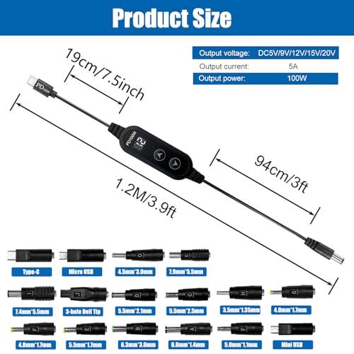 100W USB C to DC power charger with adjustable 5V/9V/12V/15V/20V, with 16 DC adapter heads and LED display screen. USB to DC cable for devices such as tablets,speakers,routers and dc connector (3.9ft) - color: Black-100W with 16 Adapter DC Cable