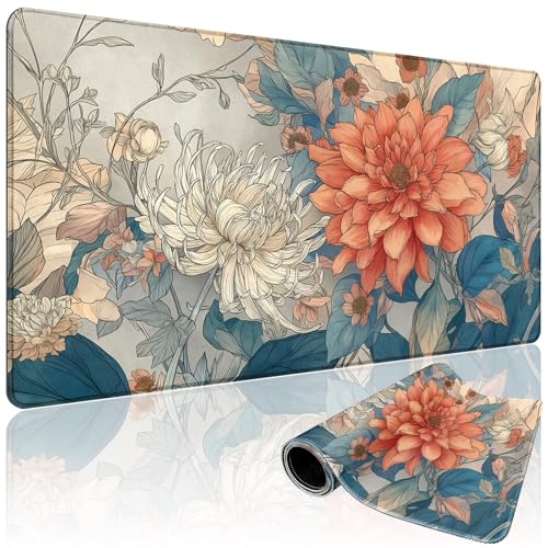 Japanese Minimalist Floral Large Gaming Mouse Pad 31.5"x15.7"｜ Aesthetic Flower XXL Desk Mat, Non-Slip Rubber Base & Stitched Edges - Extended Mousepad for PC/Laptop/Office/Home Decor - color: Japanese Minimalist Floral