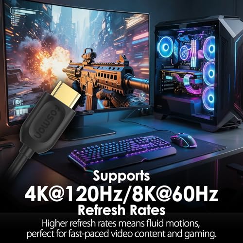 Fosmon 8K HDMI Cable 3FT HDMI 2.1 Cord 48Gbps 8K@60Hz 4K@120Hz Compatible with TV UHD HDTV Streaming Soundbar Laptop PC Monitor Projector Blu-ray PS5 Xbox Nintendo Switch Gaming, Support eARC HDR HDCP - size: 3FT, style: 8K