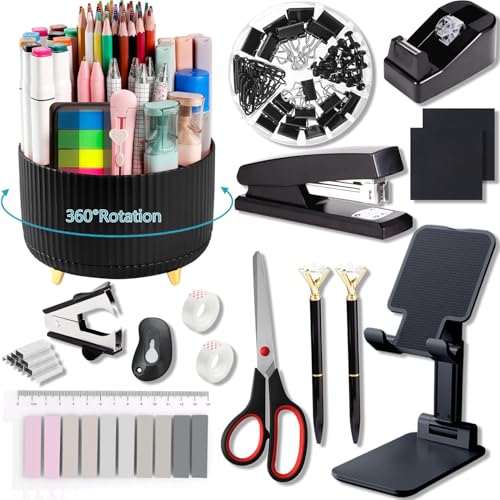 Office Supplies,Black Desk Accessories,Desk Organizer,Phone Stand,Scissors,Stapler,Tape Dispenser,Binder Clips,Staples,Staple Remover,Sticky Notes,Index Tabs,Clear Tape,Mini Box Cutter,Cool Pen.16pcs - color: 16 Pcs Set Black, size: 16 pcs set