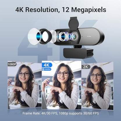 N newline 4K Webcam for PC with Tripod, PDAF Autofocus, 1080P@60FPS, 79° FOV, Low Distortion, 2 Noise Reduction Mics, Privacy Cover, Plug&Play, PC Camera for Skype, Teams, Zoom, NewEye 62 Kit - style: 4K Webcam w/Tripod